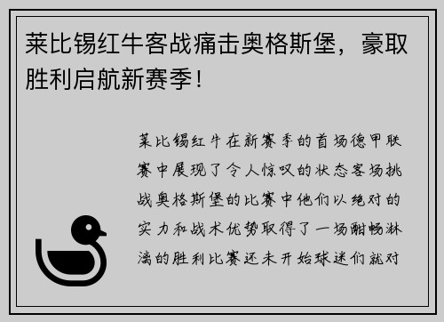 莱比锡红牛客战痛击奥格斯堡，豪取胜利启航新赛季！